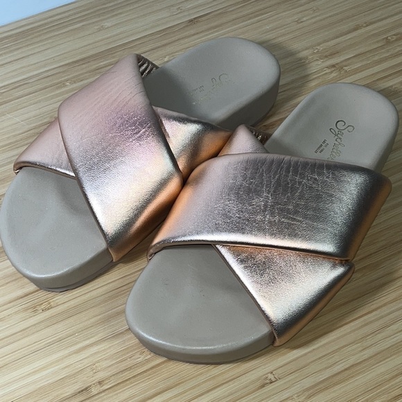 NWT Seychelles Heartfelt Metallic Slide‎ Sandal Rose Gold Size 8 - Picture 2 of 6